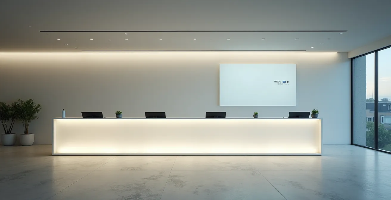 Scène minimaliste d’un comptoir de location lumineux avec espace négatif, accent sur la fluidité de parcours client, sans élément lisible.