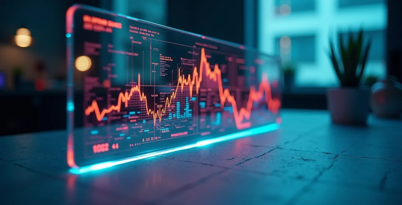 Vue symbolique d’un tableau de bord digital sous forme d’une carte de circuits imprimés et lumières, allégorie de la gestion intelligente.