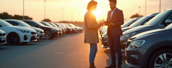 Vue large d'un parking de voitures de location dans une lumière du soir cinématographique, avec un gestionnaire inspectant la flotte sur une tablette, aucun élément lisible ou marque visible.