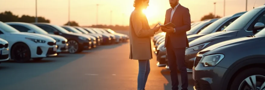 Vue large d'un parking de voitures de location dans une lumière du soir cinématographique, avec un gestionnaire inspectant la flotte sur une tablette, aucun élément lisible ou marque visible.