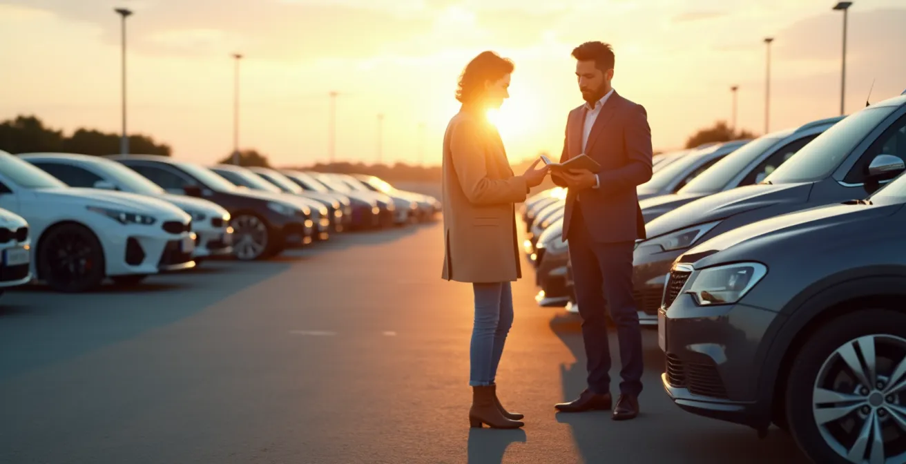 Vue large d'un parking de voitures de location dans une lumière du soir cinématographique, avec un gestionnaire inspectant la flotte sur une tablette, aucun élément lisible ou marque visible.