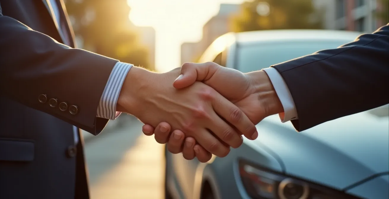 Main close-up sur une poignée de main entre gestionnaire et client devant une voiture de location, capturant la confiance sans éléments textuels.