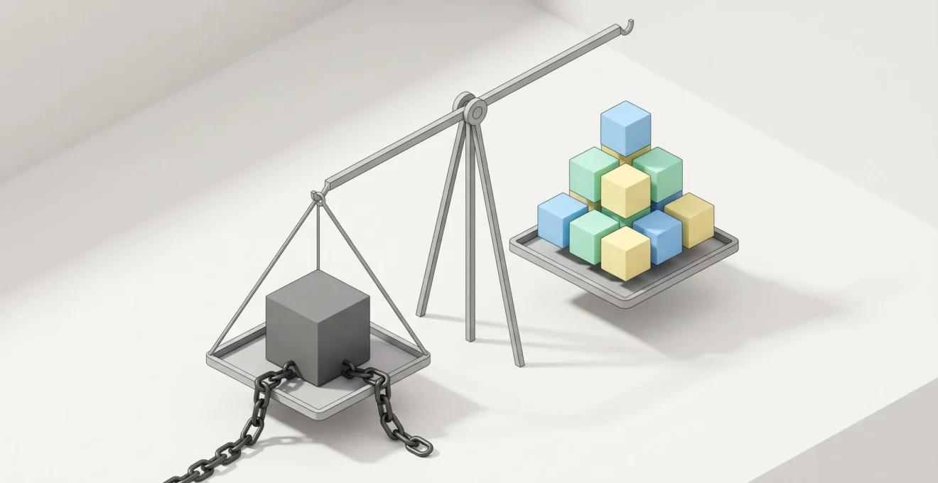Balance avec plateau gauche supportant un bloc massif gris enchaîné et plateau droit présentant des modules colorés en lévitation, l'équilibre penchant vers la flexibilité des modules