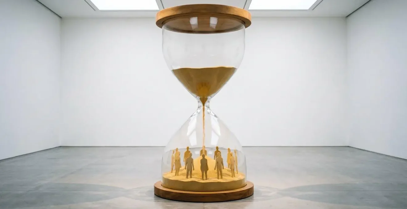 Sablier monumental en verre transparent où le flux de sable doré se transforme en silhouettes humaines qui se stabilisent dans la partie inférieure, symbolisant la rétention de présence dans un espace commercial