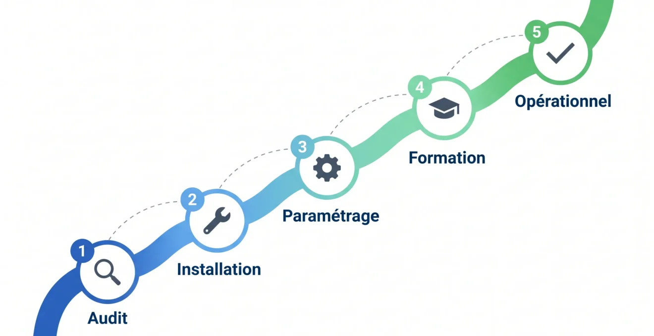 Chemin stylisé en dégradé bleu vers vert avec cinq jalons circulaires numérotés représentant les étapes de déploiement : audit, installation, paramétrage, formation, mise en service opérationnelle