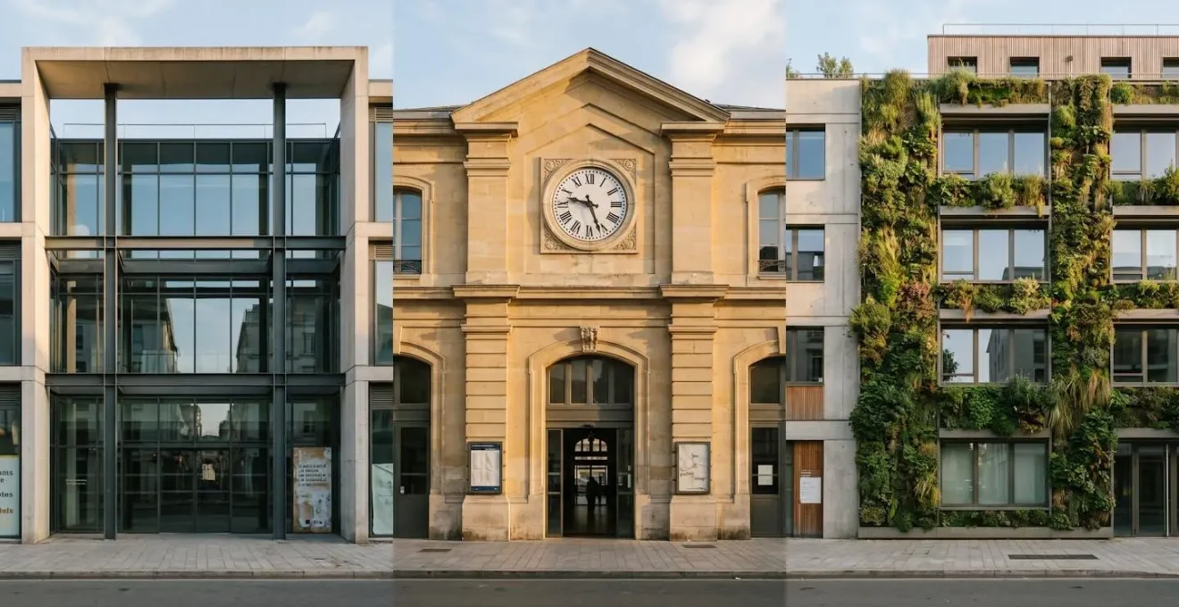 Triptyque architectural montrant trois façades emblématiques : centre commercial moderne en verre, gare historique en pierre avec horloge, immeuble bureaux contemporain à façade végétalisée