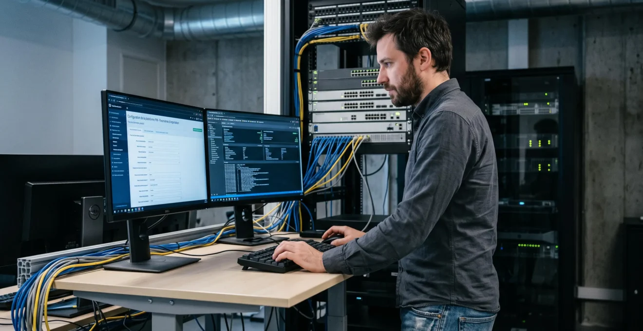 Administrateur système debout devant deux écrans configurant les paramètres techniques d'une plateforme PIM