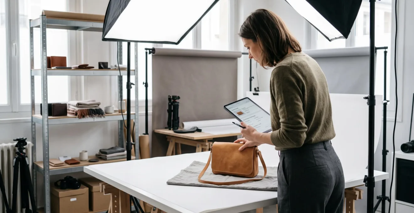Responsable de contenu photographiant et documentant des produits dans un studio e-commerce avec matériel professionnel