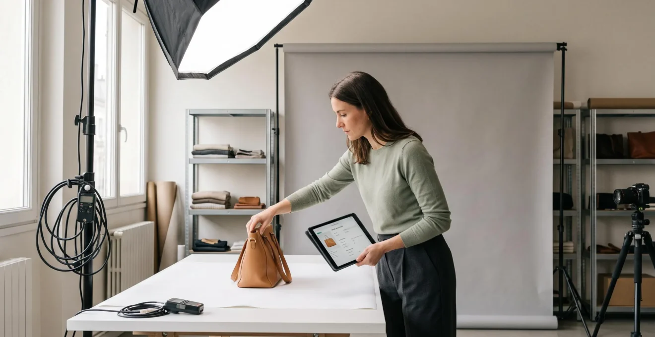 Responsable de contenu photographiant et documentant des produits dans un studio e-commerce avec matériel professionnel