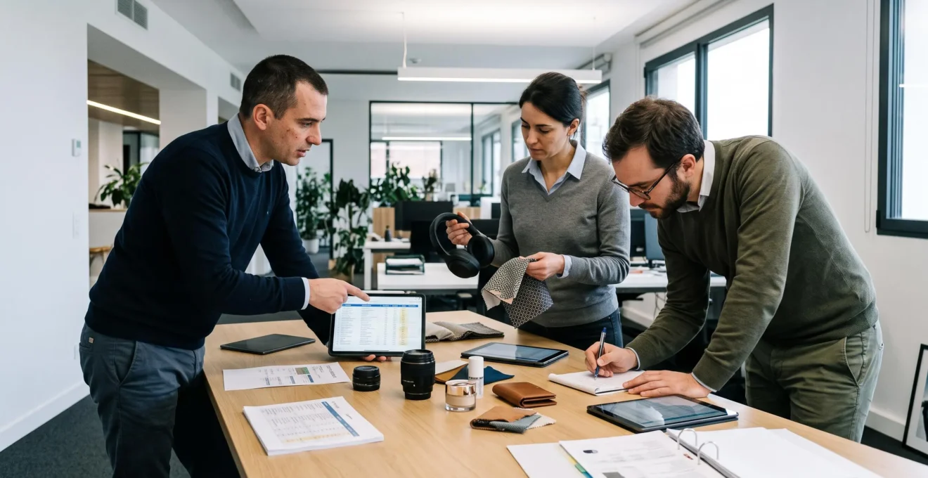 Équipe de professionnels collaborant autour d'une table de travail avec échantillons de produits et tablettes pour gérer des données de catalogue