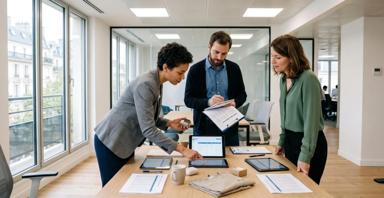 Équipe de professionnels collaborant autour d'une table de travail avec échantillons de produits et tablettes pour gérer des données de catalogue
