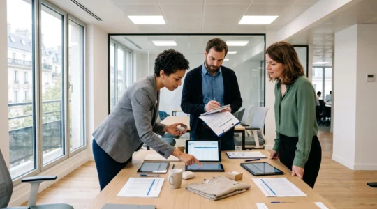 Équipe de professionnels collaborant autour d'une table de travail avec échantillons de produits et tablettes pour gérer des données de catalogue