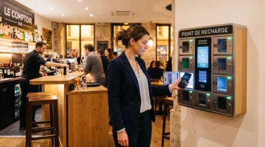 Client récupérant son téléphone dans une borne de recharge sécurisée installée dans un bar français contemporain